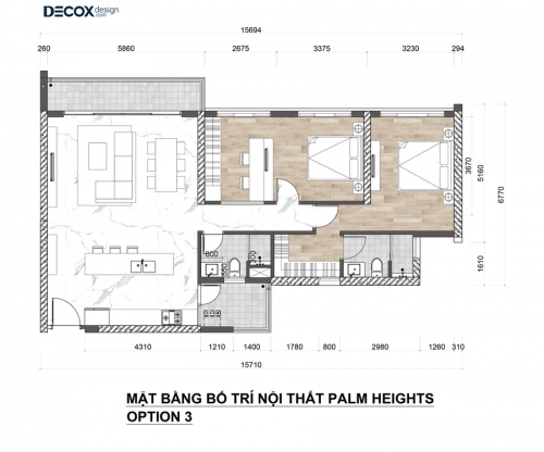 3 phương án thiết kế căn hộ palm height 3 phòng ngủ thành 2 phòng ngủ